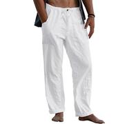 Men's Linen Trousers, Long Wide Summer Trousers, Drawstring Yoga Pants with Pockets, Airy Sun Protection Beach Trousers (white, L)