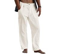 Men's Linen Trousers, Long Wide Summer Trousers, Drawstring Yoga Pants with Pockets, Airy Sun Protection Beach Trousers (white, XXL)