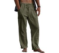 Men's Linen Trousers, Long Wide Summer Trousers, Drawstring Yoga Pants with Pockets, Airy Sun Protection Beach Trousers (militarygreen, 3XL)