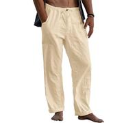 Men's Linen Trousers, Long Wide Summer Trousers, Drawstring Yoga Pants with Pockets, Airy Sun Protection Beach Trousers (beige, XL)