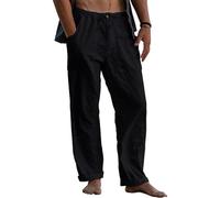 Men's Linen Trousers, Long Wide Summer Trousers, Drawstring Yoga Pants with Pockets, Airy Sun Protection Beach Trousers (Black, L)