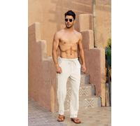 Men's Linen Trousers, Long Wide Summer Trousers, Drawstring Yoga Pants with Pockets, Airy Sun Protection Beach Trousers (beige, S)