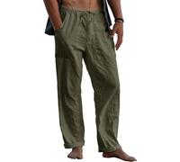 Men's Linen Trousers, Long Wide Summer Trousers, Drawstring Yoga Pants with Pockets, Airy Sun Protection Beach Trousers (militarygreen, XXL)