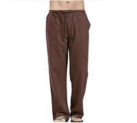 Mens Linen Trousers, Loose Fit Casual Beach Yoga Pants, Plain Lightweight Drawstring Elastic Waist Jogger Pants, Baggy Lace-Up Summer Straight Leg Trousers, Smart Solid Work Pants with Pockets Brown