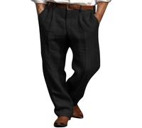 Men's Linen Trousers, Loose Fit Double Pleated Straight Business Office Work Pants, Summer Comfortable Breathable Soild Linen Beach Yoga Trousers, Casual Fashion Holiday Chino Trousers With Pocket