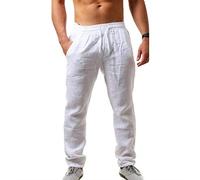 Mens Linen Trousers Loose Fit - Sweatpants Mens Slim Fit Stretch Track Pants Straight-Fit Flat-Front Joggers Bottoms Gym Running Pants Elasticated Waist Drawstring Trouser Casual Work Trousers White