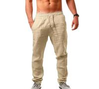 Mens Linen Trousers Loose Fit - Sweatpants Mens Slim Fit Stretch Track Pants Straight-Fit Flat-Front Joggers Bottoms Gym Running Pants Elasticated Waist Drawstring Trouser Casual Work Trousers Khaki