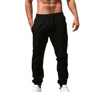 Mens Linen Trousers - Men's Patch Pockets Trousers Long Casual Summer Trousers for Men Gym Lightweight Spring and Summer Pant Man Straight-Fit Jogging Yoga Pants Bottoms with Pockets Black
