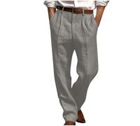 Mens Linen Trousers Pleated Front Summer Pants Plain Baggy Cotton Linen Suit Trousers Comfy Breathable Hemp Work Pants Office Wear Classic Lightweight Trouser Loose Fit Casual Straight Legs Pant
