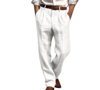 Mens Linen Trousers Pleated Front Summer Pants Plain Baggy Cotton Linen Suit Trousers Comfy Breathable Hemp Work Pants Office Wear Classic Lightweight Trouser Loose Fit Casual Straight Legs Pant