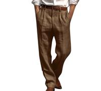Mens Linen Trousers Pleated Front Summer Pants Plain Baggy Cotton Linen Suit Trousers Comfy Breathable Hemp Work Pants Office Wear Classic Lightweight Trouser Loose Fit Casual Straight Legs Pant