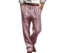 Mens Linen Trousers Pleated Front Summer Pants Plain Baggy Cotton Linen Suit Trousers Comfy Breathable Hemp Work Pants Office Wear Classic Lightweight Trouser Loose Fit Casual Straight Legs Pant Pink