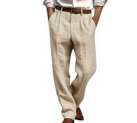 Mens Linen Trousers Pleated Front Summer Pants Plain Baggy Cotton Linen Suit Trousers Comfy Breathable Hemp Work Pants Office Wear Classic Lightweight Trouser Loose Fit Casual Straight Legs Pant