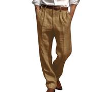 Mens Linen Trousers Pleated Front Summer Pants Plain Baggy Cotton Linen Suit Trousers Comfy Breathable Hemp Work Pants Office Wear Classic Lightweight Trouser Loose Fit Casual Straight Legs Pant