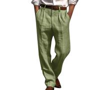 Mens Linen Trousers Pleated Front Summer Pants Plain Baggy Cotton Linen Suit Trousers Comfy Breathable Hemp Work Pants Office Wear Classic Lightweight Trouser Loose Fit Casual Straight Legs Pant