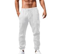 Men's Linen Trousers Summer Casual Pants Loose Fit Elasticated Waist Trousers with Drawstring Lightweight Linen Pants Cotton Workout Running Jogging Bottoms with Pockets Beach Holiday Essentials