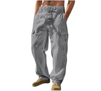 Men's Linen Trousers UK Clearance Cargo Combat Pants Casual Jogger Elastic Waist Drawstring Outdoor Trousers Loose Fit Plain Sweatpants Cotton Linen Pants with Multi Pockets Full Length Bottoms