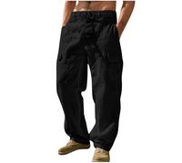 Men's Linen Trousers UK Clearance Cargo Combat Pants Casual Jogger Elastic Waist Drawstring Outdoor Trousers Loose Fit Plain Sweatpants Cotton Linen Pants with Multi Pockets Full Length Bottoms