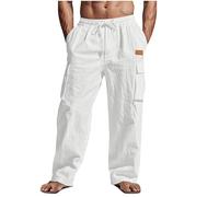 Men's Linen Trousers UK Clearance Cargo Combat Pants Casual Jogger Elastic Waist Drawstring Outdoor Trousers Loose Fit Plain Sweatpants Cotton Linen Pants with Multi Pockets Full Length Bottoms
