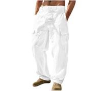 Men's Linen Trousers UK Clearance Cargo Combat Pants Casual Jogger Elastic Waist Drawstring Outdoor Trousers Loose Fit Plain Sweatpants Cotton Linen Pants with Multi Pockets Full Length Bottoms