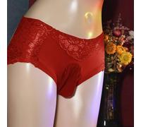 Men's Lingerie-Inspired Lace Underwear with Openwork Design and Prominent Bugle Pouch Thong Style for Comfort and Style Combined (XXXL Red)