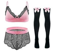 Mens Lingerie Sissy Bikini Set Crossdress Underwear Set with Floral Trim Bra Sheer Lace Panty Mesh Stockings Kawaii Bowknot Sissy Nightwear 3 Piece Pink & Black 3XL