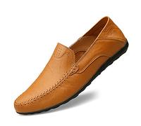 Men's Loafers Flat Breathable Casual Leather Moccasins Handmade Slip On Driving Business Shoes Yellow Brown Size 11