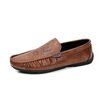 Men's Loafers PU Round Toe Stitching Details Hand Bones Embossed Comfortable Resistant Flat Heel Lightweight Anti-Slip Classic Party Slip On(Brown,5.5 UK)