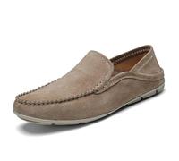 Men's Loafers Round Toe Suede Vamp Apron Toe Loafer Shoes Flexible Anti-Slip Flat Heel Prom Slip-on(Khaki,2.5 UK)