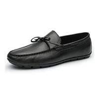 Mens Loafers Shoe Pin Grain Genuine Leather Deck Shoes Design Round Toe Bow 1-Eye Flat Heel Lightweight Slip Resistant Classic Slip-on(Black,6.5 UK)