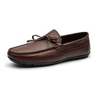 Mens Loafers Shoe Pin Grain Genuine Leather Deck Shoes Design Round Toe Bow 1-Eye Flat Heel Lightweight Slip Resistant Classic Slip-on(Brown,5.5 UK)