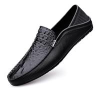 Men's Loafers Shoes Round Toe Vegan Leather Crocodile Print Flexible Comfortable Lightweight Casual Slip-ons(Black,8 UK)