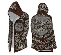 Men's Long Cardigan with Celtic Tree of Life Motif - Hooded Coat in Viking Style | Open Throw with Intricate 3D Print, Style_i01 Wine Red, XL
