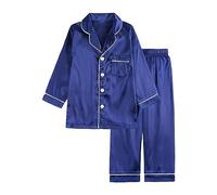 Men's Long Cotton Summer Pyjamas Men's Long Lightweight Baggy Nightwear Lapel Shirt with Buttons Soft Trousers Modern Satin Long Sleeve Sleepwear Long Sleepwear Breathable Loungewear Set, navy, XXL