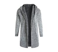 Mens Long Hooded Cardigan Sweater Mid Length Shawl Collar Open Front Sweaters Long Sleeve Slim Fit Knitwear Coats (Grey,2XL)