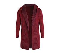 Mens Long Hooded Cardigan Sweater Mid Length Shawl Collar Open Front Sweaters Long Sleeve Slim Fit Knitwear Coats (Red,5XL)