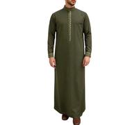 Men's Long Sleeve Abaya Linen Robe Muslim Kaftan Thobe Gown Button Up Side Split Kaftan Thobe Long Gown Eid Robe Arab with Pockets S-3XL (Army Green-c, XL)