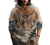 Men's Long Sleeve Blouse Tops Animals 3D Print Cats Tigers Dragon Vintage Octopus Koi Fish Pattern Linen Hooded Shirt Oversized Autumn Loose Tunics