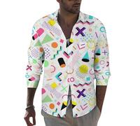 Mens Long Sleeve Button Down Up Shirt Geometric Memphis Style Fashion Dress Shirt with Pocket S
