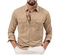 Mens Long Sleeve Cargo Shirts Vintage Solid Color Lapel Coat with Pockets Fashion Classic Regular Fit Office Work Tops Button Down Holiday Beach Jacket Tops Workwear