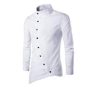 Men's Long Sleeve Casual Dress Shirts Irregular Hem Banded Collar Solid Slim Fit Button Down Shirts Blouses Tops White