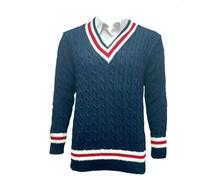 Mens Long Sleeve Contrast Stripped Knit Golf Jersey Sweater Adults V Neck Pullover Outdoor Cable Knitted Cricket Jumper Top Navy