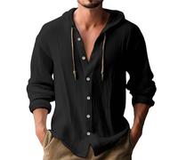 Men's Long Sleeve Cotton Hemp Shirt Drawstring Pullover in Original Quality Standard Fit Grandad Collar Shirts Button Down Shirts Tops with Dropped Shoulders Lightweight Breathable S-2xl Black