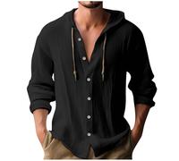 Men's Long Sleeve Cotton Linen Shirt Drawstring Button Down Shirts Casual Button Up Hoodie Summer Tops Hawaiian Shirts Loose Fit Hooded Shirt Casual Vacation Beach Outfits