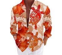 Mens Long Sleeve Hawaiian Shirt Mens Fancy Shirts Long Sleeve Funny Turtle Print Shirt Tropical Holiday Shirts Casual Button Down Tops With Floral Printed Funky Beach Tops Regular Fit Graphic Top