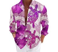 Mens Long Sleeve Hawaiian Shirt Mens Fancy Shirts Long Sleeve Funny Turtle Print Shirt Tropical Holiday Shirts Casual Button Down Tops With Floral Printed Funky Beach Tops Regular Fit Graphic Top