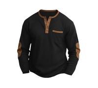 Men's Long Sleeve Henley Shirts Casual Button Waffle T-Shirts Classic Color Block Patchwork Pullover Tops with Pockets
