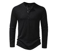 Mens Long Sleeve Henley Shirts Grandad T-Shirts Solid Color Casual Tops for Men Button Down Shirt Regular Fit Autumn Winter Clothes (Black, XXL)