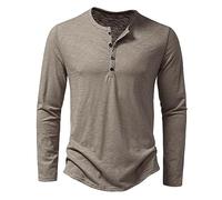 Mens Long Sleeve Henley Shirts Grandad T-Shirts Solid Color Casual Tops for Men Button Down Shirt Regular Fit Autumn Winter Clothes (Khaki, L)