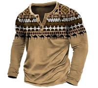 Men's Long Sleeve Henley Shirts Retro Ethnic Aztec Print T-Shirts V-Neck Comfy Soft Pullover Tops